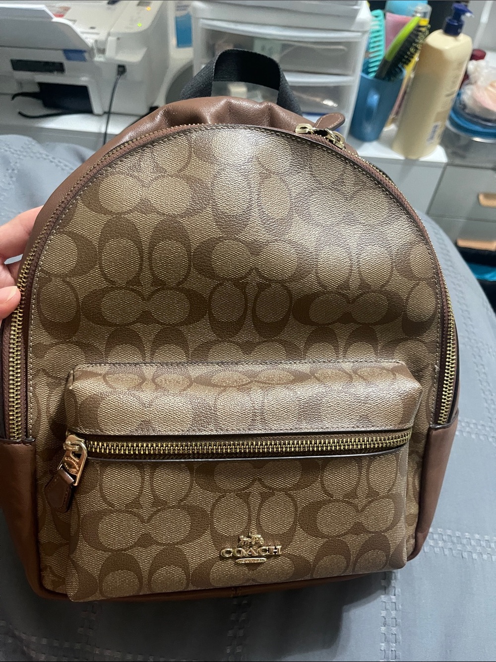Coach Brown Signature Small Backpack with Gold Hardware
